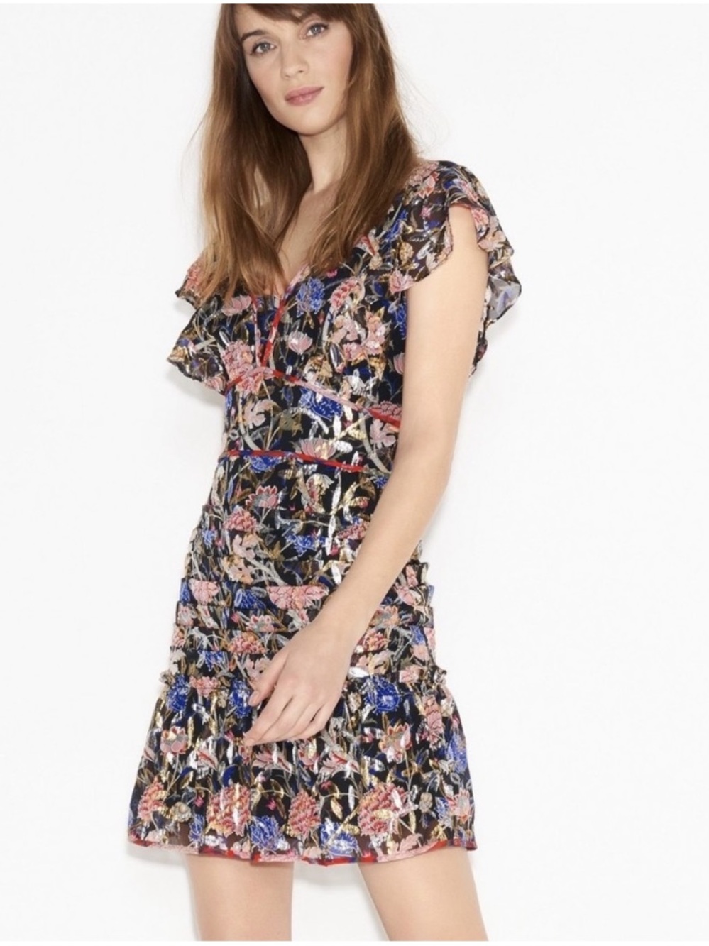 BA&SH Jade Dress in Black Floral Silk Lurex